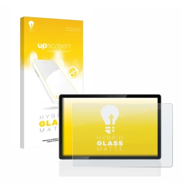 Parte frontal de un envase de producto con el logotipo de la marca upscreen. Al lado se muestra el dispositivo Blackview Tab 1