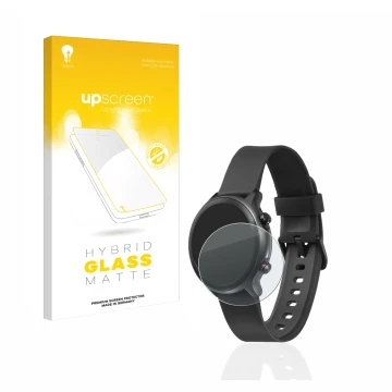 Parte frontal de un envase de producto con el logotipo de la marca upscreen. Al lado se muestra el dispositivo Doro Watch con 