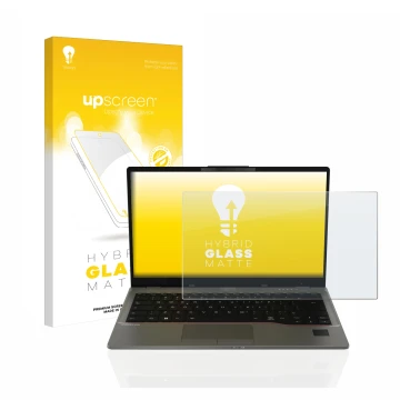 Parte frontal de un envase de producto con el logotipo de la marca upscreen. Al lado se muestra el dispositivo Fujitsu Lifeboo