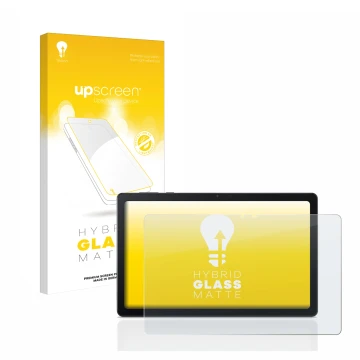 Parte frontal de un envase de producto con el logotipo de la marca upscreen. Al lado se muestra el dispositivo Acer Iconia Tab