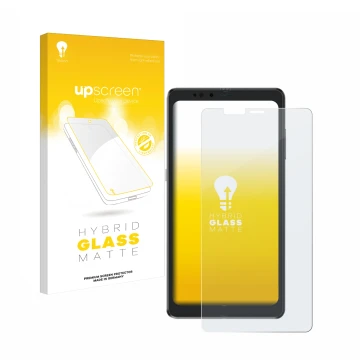 Parte frontal de un envase de producto con el logotipo de la marca upscreen. Al lado se muestra el dispositivo Hisense A9 con 