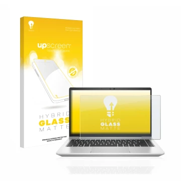 Parte frontal de un envase de producto con el logotipo de la marca upscreen. Al lado se muestra el dispositivo HP EliteBook 64