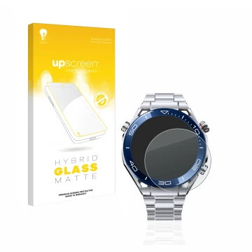 Parte frontal de un envase de producto con el logotipo de la marca upscreen. Al lado se muestra el dispositivo Huawei Watch Ul