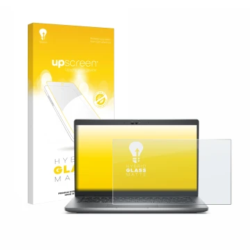Parte frontal de un envase de producto con el logotipo de la marca upscreen. Al lado se muestra el dispositivo Dell Latitude 5