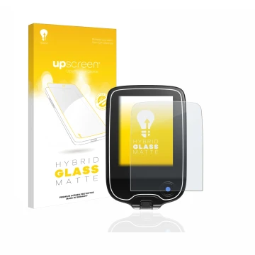 Parte frontal de un envase de producto con el logotipo de la marca upscreen. Al lado se muestra el dispositivo Freestyle Libre