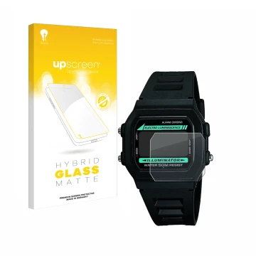 Parte frontal de un envase de producto con el logotipo de la marca upscreen. Al lado se muestra el dispositivo Casio W-86-1VQE