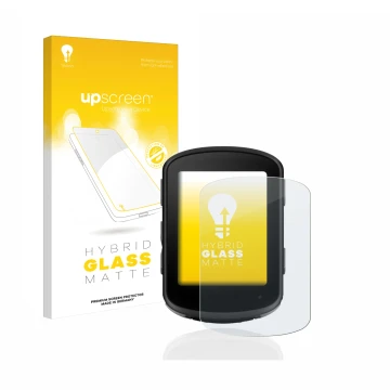 Parte frontal de un envase de producto con el logotipo de la marca upscreen. Al lado se muestra el dispositivo Garmin Edge 540