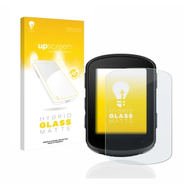 Parte frontal de un envase de producto con el logotipo de la marca upscreen. Al lado se muestra el dispositivo Garmin Edge 840