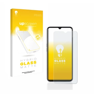 Parte frontal de un envase de producto con el logotipo de la marca upscreen. Al lado se muestra el dispositivo Oppo A77 5G con