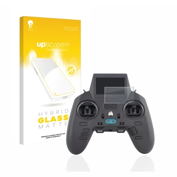 Parte frontal de un envase de producto con el logotipo de la marca upscreen. Al lado se muestra el dispositivo Radiomaster Zor