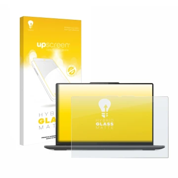 Parte frontal de un envase de producto con el logotipo de la marca upscreen. Al lado se muestra el dispositivo Lenovo Yoga Pro