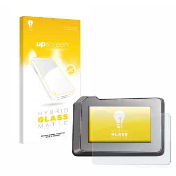 Parte frontal de un envase de producto con el logotipo de la marca upscreen. Al lado se muestra el dispositivo KTM 1290 Super 