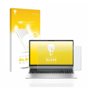 Parte frontal de un envase de producto con el logotipo de la marca upscreen. Al lado se muestra el dispositivo HP ProBook 450 