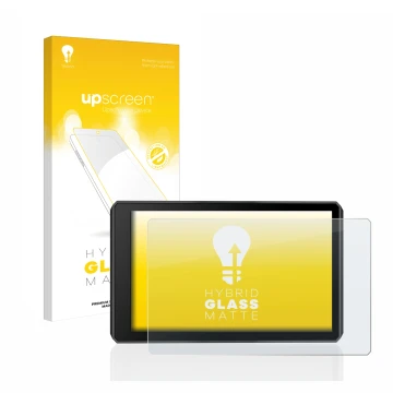 Parte frontal de un envase de producto con el logotipo de la marca upscreen. Al lado se muestra el dispositivo Garmin zumo XT2