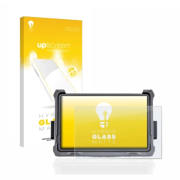 Parte frontal de un envase de producto con el logotipo de la marca upscreen. Al lado se muestra el dispositivo DJI Transmissio