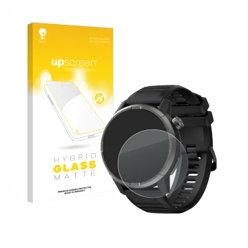 Parte frontal de un envase de producto con el logotipo de la marca upscreen. Al lado se muestra el dispositivo Kiprun GPS 900 