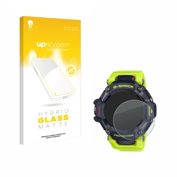 Parte frontal de un envase de producto con el logotipo de la marca upscreen. Al lado se muestra el dispositivo Casio G-Shock G