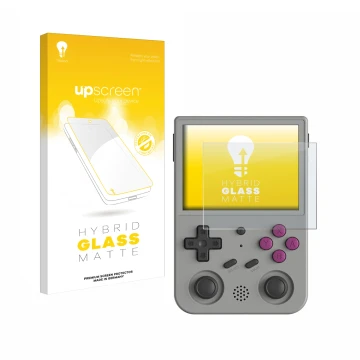 Parte frontal de un envase de producto con el logotipo de la marca upscreen. Al lado se muestra el dispositivo Anbernic RG353V