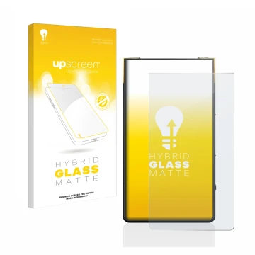 Parte frontal de un envase de producto con el logotipo de la marca upscreen. Al lado se muestra el dispositivo Sony Walkman NW