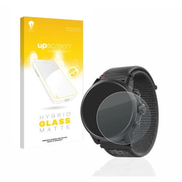 Parte frontal de un envase de producto con el logotipo de la marca upscreen. Al lado se muestra el dispositivo Coros Apex 2 co