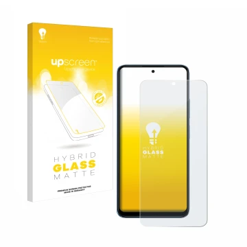 Parte frontal de un envase de producto con el logotipo de la marca upscreen. Al lado se muestra el dispositivo Xiaomi Redmi No