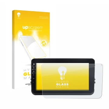 Parte frontal de un envase de producto con el logotipo de la marca upscreen. Al lado se muestra el dispositivo Dynavin D8-V8 8