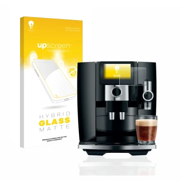 Parte frontal de un envase de producto con el logotipo de la marca upscreen. Al lado se muestra el dispositivo Jura J8 con su 