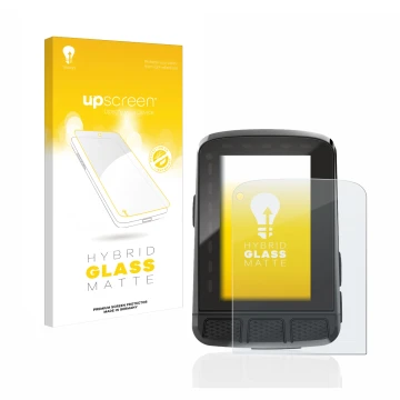 Parte frontal de un envase de producto con el logotipo de la marca upscreen. Al lado se muestra el dispositivo Wahoo Elemnt Ro