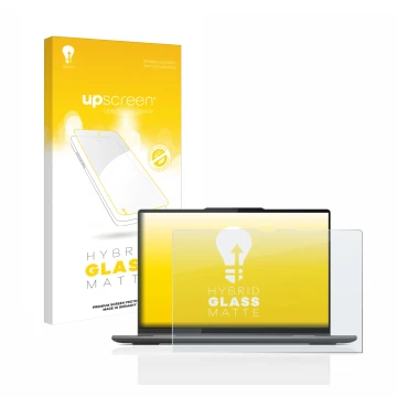 Parte frontal de un envase de producto con el logotipo de la marca upscreen. Al lado se muestra el dispositivo Lenovo Yoga 7 G