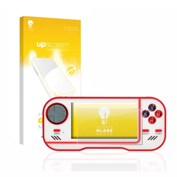 Parte frontal de un envase de producto con el logotipo de la marca upscreen. Al lado se muestra el dispositivo Blaze Evercade 
