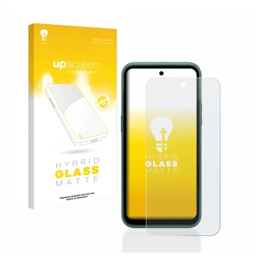 Parte frontal de un envase de producto con el logotipo de la marca upscreen. Al lado se muestra el dispositivo Nokia XR21 con 