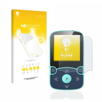 Parte frontal de un envase de producto con el logotipo de la marca upscreen. Al lado se muestra el dispositivo AGPtek A65X MP3