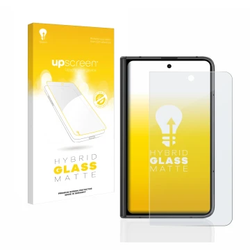 Parte frontal de un envase de producto con el logotipo de la marca upscreen. Al lado se muestra el dispositivo Google Pixel Fo