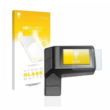 Parte frontal de un envase de producto con el logotipo de la marca upscreen. Al lado se muestra el dispositivo Giant Ridecontr
