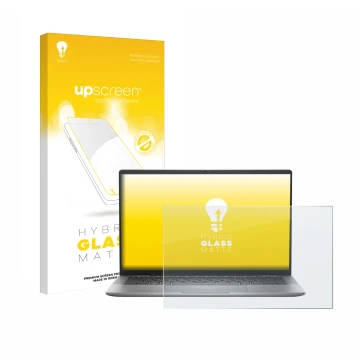 Parte frontal de un envase de producto con el logotipo de la marca upscreen. Al lado se muestra el dispositivo Dell Latitude 7