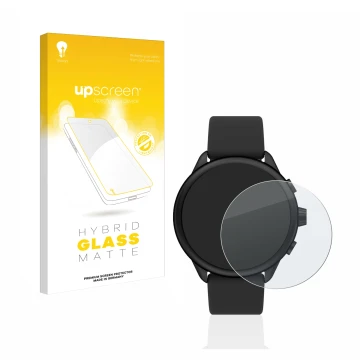 Parte frontal de un envase de producto con el logotipo de la marca upscreen. Al lado se muestra el dispositivo Fossil Smartwat