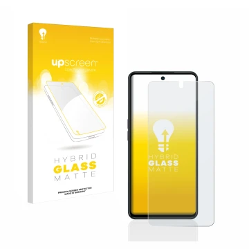 Parte frontal de un envase de producto con el logotipo de la marca upscreen. Al lado se muestra el dispositivo Oppo A98 5G con