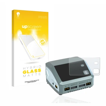 Parte frontal de un envase de producto con el logotipo de la marca upscreen. Al lado se muestra el dispositivo SkyRc D200 neo 