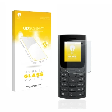 Parte frontal de un envase de producto con el logotipo de la marca upscreen. Al lado se muestra el dispositivo Nokia 110 (2023