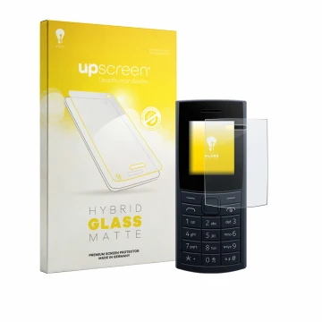Parte frontal de un envase de producto con el logotipo de la marca upscreen. Al lado se muestra el dispositivo Nokia 110 4G (2