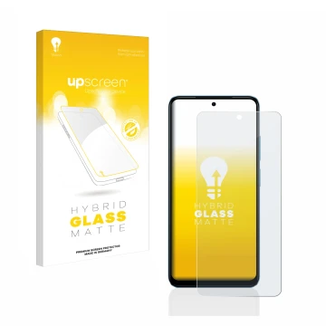 Parte frontal de un envase de producto con el logotipo de la marca upscreen. Al lado se muestra el dispositivo Xiaomi Redmi No