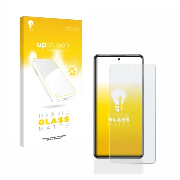 Parte frontal de un envase de producto con el logotipo de la marca upscreen. Al lado se muestra el dispositivo Infinix Note 30