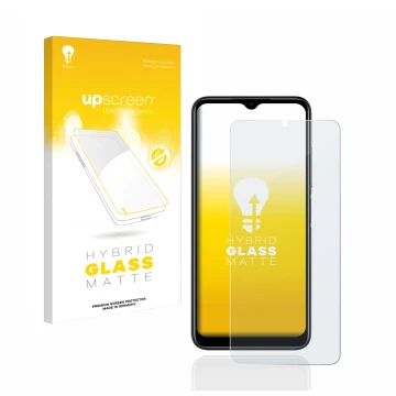 Parte frontal de un envase de producto con el logotipo de la marca upscreen. Al lado se muestra el dispositivo Doogee N50 con 