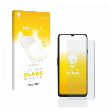 Parte frontal de un envase de producto con el logotipo de la marca upscreen. Al lado se muestra el dispositivo Cubot P80 con s