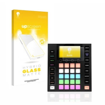 Parte frontal de un envase de producto con el logotipo de la marca upscreen. Al lado se muestra el dispositivo Wolfmix W1 con 