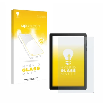 Parte frontal de un envase de producto con el logotipo de la marca upscreen. Al lado se muestra el dispositivo TCL Tab 8V con 