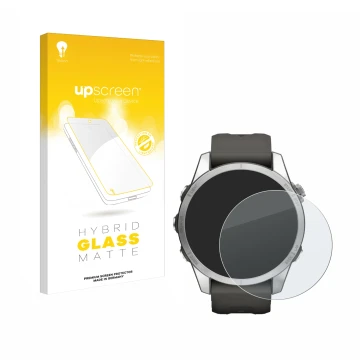 Parte frontal de un envase de producto con el logotipo de la marca upscreen. Al lado se muestra el dispositivo Garmin Fenix 7S