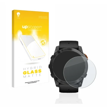 Parte frontal de un envase de producto con el logotipo de la marca upscreen. Al lado se muestra el dispositivo Garmin Fenix 7X