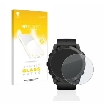 Parte frontal de un envase de producto con el logotipo de la marca upscreen. Al lado se muestra el dispositivo Garmin Epix Pro