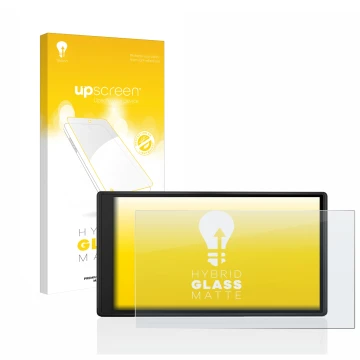 Parte frontal de un envase de producto con el logotipo de la marca upscreen. Al lado se muestra el dispositivo Garmin Drive 55